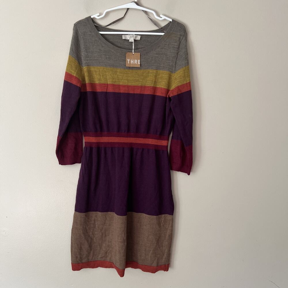 LOFT Striped Wool Blend Knit Sweater Dress 3/4 Sleeves Size Large